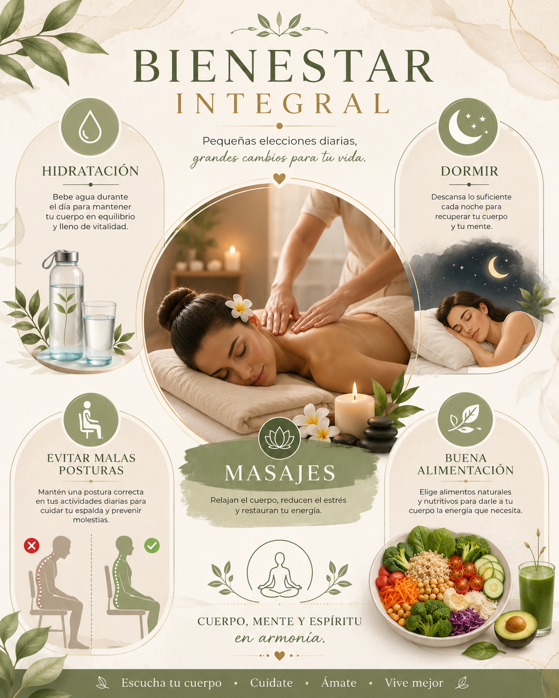 Bienestar integral: hidratación, dormir, evitar malas posturas, buena alimentación y masajes